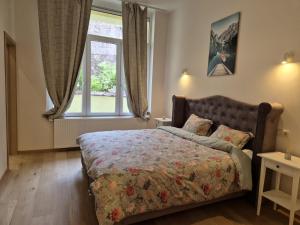 a bedroom with a bed and a window at Tour à Taxi apartment in Brussels