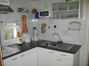 a kitchen with a sink and a counter top at Chalet direkt an der Gracht mit eigenem Bootsanlegesteiger in Wervershoof