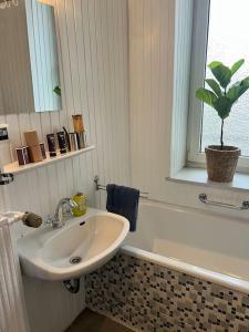 a bathroom with a sink and a potted plant at Casa Luna 6 min Hbf , Erdgeschosswohnung ,Altbau in Duisburg