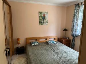 a bedroom with a bed with two pillows on it at Ferienwohnung Schwanheim in Schwanheim