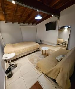 a room with two beds and a mirror and a tv at Dúplex Dorrego in Barraquero