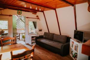 a living room with a couch and a table at Domek nad Jeziorem Parzeńskim in Parzeńsko