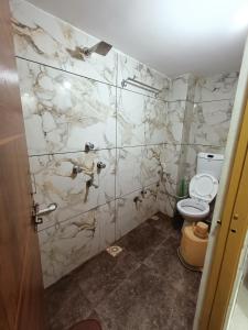 een badkamer met een toilet en een marmeren muur bij Hotel Shreem in Ujjain