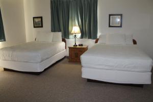 2 Betten in einem Hotelzimmer mit einer Lampe in der Unterkunft American Host Inn in Hart