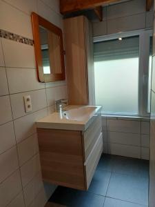 a bathroom with a sink and a mirror and a window at chalet avec jacuzzi in Manhay