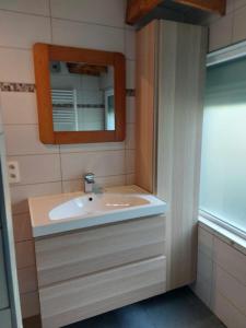 a bathroom with a sink and a mirror at chalet avec jacuzzi in Manhay