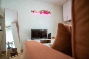 - un salon avec une télévision et un miroir dans l'établissement Casa Rubia, à Tolède