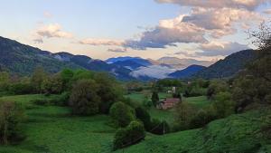 vistas a un valle con una casa y montañas en Allotjaments rurals Can Punti, en Vallfogona de Ripollès
