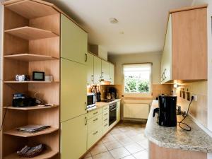 eine Küche mit grünen Schränken und einer Arbeitsplatte in der Unterkunft Ferienwohnung Ostseestern für 4 Personen in Wiek auf Rügen 