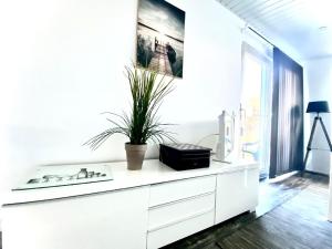 a white cabinet with a potted plant on top of it at Nettes Ferienhaus in Wervershoof mit Terrasse, Garten und Grill in Wervershoof