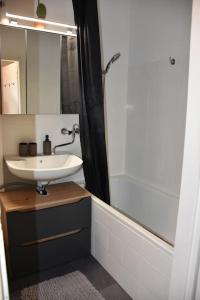 a bathroom with a sink and a mirror at Zentrales Studio-Apartment in Linz in Linz