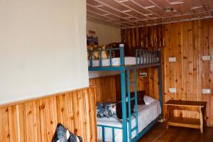 two bunk beds in a room with wooden walls at Wake In Himalayas in Pelling