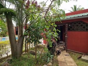 a red house with a tree in front of it at Bungalow chez Mouch Nosy-Be 2 in Nosy Be