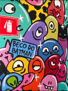 uma colagem de personagens de desenhos animados com um sinal que diz ego do bannann em Pousada Bat N Breakfast No Beco do Batman em São Paulo