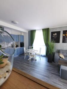 a kitchen and living room with a table and chairs at Nesa03 in Baile Felix