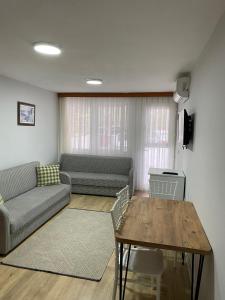 ein Wohnzimmer mit einem Sofa und einem Tisch in der Unterkunft İZAN VİLLA BAKIŞ APARTMENTS in Bodrum City