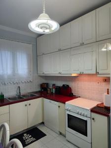 eine weiße Küche mit weißen Schränken und einem Waschbecken in der Unterkunft Villa Violeta Lefkada Nydri in Nydri