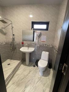 a bathroom with a toilet and a sink at Bibo's Kokhi Guesthouse in Stepantsminda