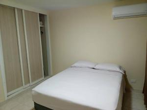 a bedroom with a white bed in a room at Lujoso apartamento completo in Mendoza