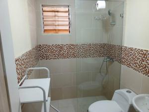 y baño con ducha, aseo y lavamanos. en Lujoso apartamento completo, en Mendoza
