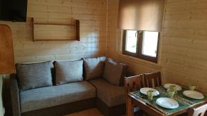 una sala de estar con un sofá y una mesa en Domki Maciejka, en Dąbki