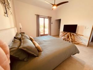 a bedroom with a large bed with a flat screen tv at Le Mazet de la Draille - Gîtes - Mas en Cévennes in Bagard