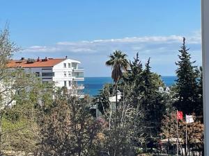 un edificio blanco con una palmera y el océano en Mükemmel konum en Antalya