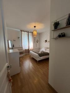 ein Schlafzimmer mit einem Bett und ein Zimmer mit einem Spiegel in der Unterkunft Le duo des Garennes - Entre confort & indépendance - Cour extérieure en centre ville de Blois in Blois