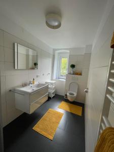 a white bathroom with a sink and a toilet at Die alte Salzvilla in Bad Aussee