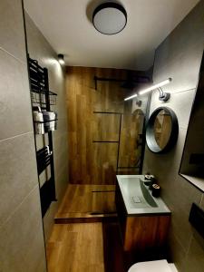 uma casa de banho com um WC, um lavatório e um espelho. em Central Nest Apartment em Brasov