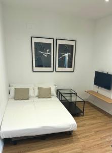 1 dormitorio con 1 cama y 2 cuadros en la pared en Centric 3ºD, en Madrid