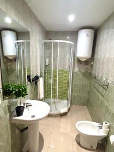 y baño con ducha, lavabo y aseo. en Centric 3ºD, en Madrid