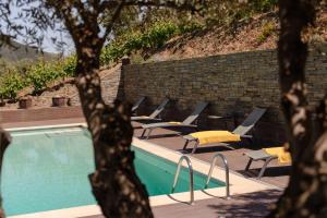 a row of lounge chairs next to a swimming pool at Feel Discovery Alvim's Douro in Folgosa