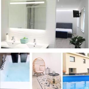 eine Collage mit Fotos von einem Bad und einem Schlafzimmer in der Unterkunft Casa com Piscina e Hidromassagem e Kids Zone in Nelas