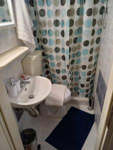 a bathroom with a sink and a toilet and a shower at Anatoli apartment in Mytilene