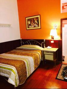 een slaapkamer met een bed en een tafel met een lamp bij Hotel Metropolitano in Loja