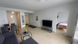 uma sala de estar com um sofá e uma televisão em Kotimaailma Apartments Vapaudenkatu 40-50 B8 em Jyväskylä