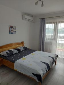 een slaapkamer met een bed in een kamer met een raam bij CASA DALYS in Orşova