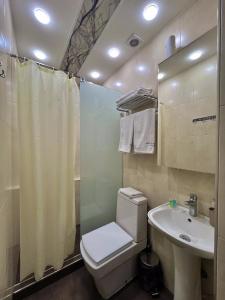 a bathroom with a toilet and a sink and a shower at Mashtots Hotel in Yerevan