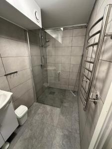 La salle de bains est pourvue d'une douche, de toilettes et d'un lavabo. dans l'établissement Nyrenoverat 2-våningshus, à Norrköping