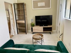 a living room with a green couch and a television at Maison Pivoine in Sault-de-Vaucluse