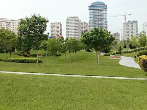 a park with green grass and trees and buildings at Квартира в престижном районе Баку in Baku