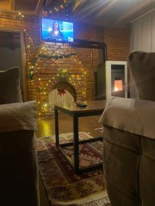 a living room with a fireplace with a tv on a brick wall at STANET Forest Houses in Novoberdo