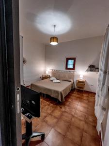 a bedroom with a bed and a tv in a room at Casa Chiara con accesso diretto alla spiaggia in Àrbatax