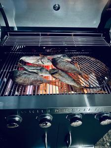 a grill with several different types of fish on it at Serbian House in Timişoara
