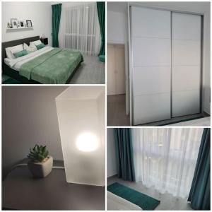Una habitación con una cama y una puerta corrediza de vidrio. en PMF Apartament, en Giroc