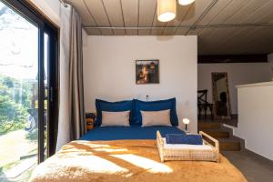 a bedroom with a blue bed and a large window at Santa Serra Itaipava in Itaipava +72 photos