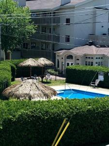 a swimming pool with straw umbrellas and a building at OMagogcondo com B in Magog-Orford