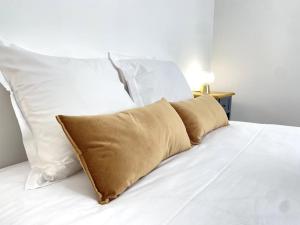 シャトールーにあるLe Métropolitain-proche centre-clim-refait à neuf-tout équipéの白いベッドの上に座る茶色の枕