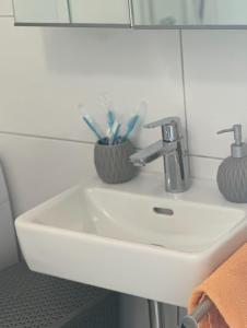 um lavatório de casa de banho com escovas de dentes num suporte em City Apartment Nord em Salzburgo